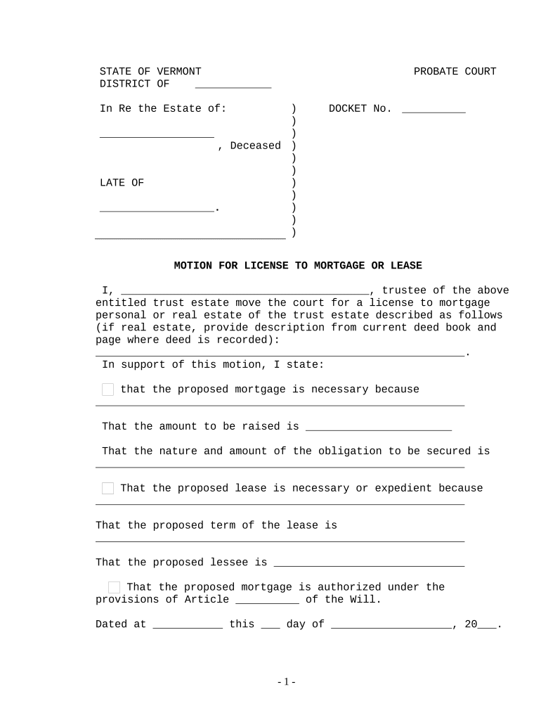 Motion for License to Mortgage or Lease Vermont  Form