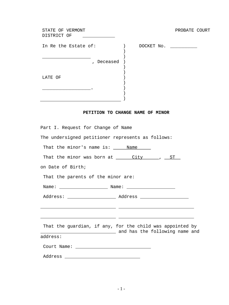 Vermont Change Name  Form