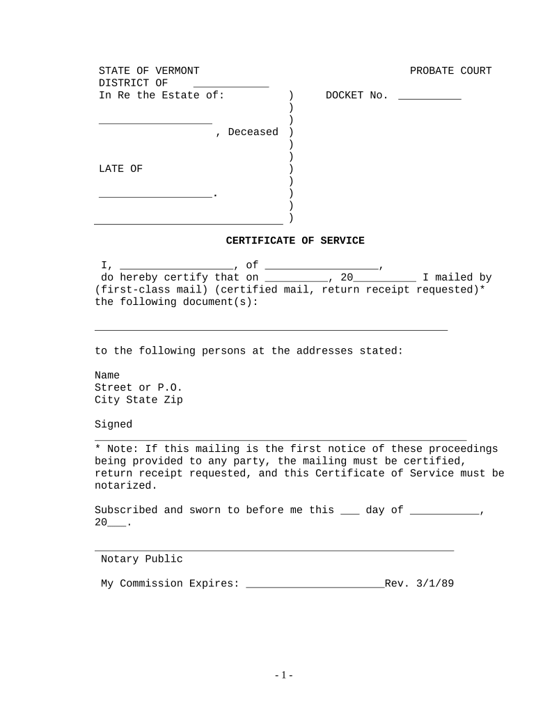 Certificate of Service Vermont  Form