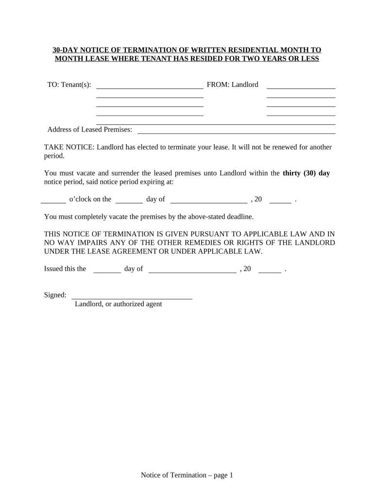 30 Day Notice to Terminate Written Month to Month Lease Where Tenant Has Resided in Premises Two Years or Less Residential Vermo  Form