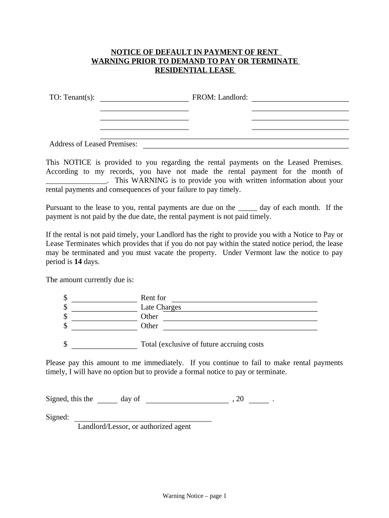 Notice of Default in Payment of Rent as Warning Prior to Demand to Pay or Terminate for Residential Property Vermont  Form