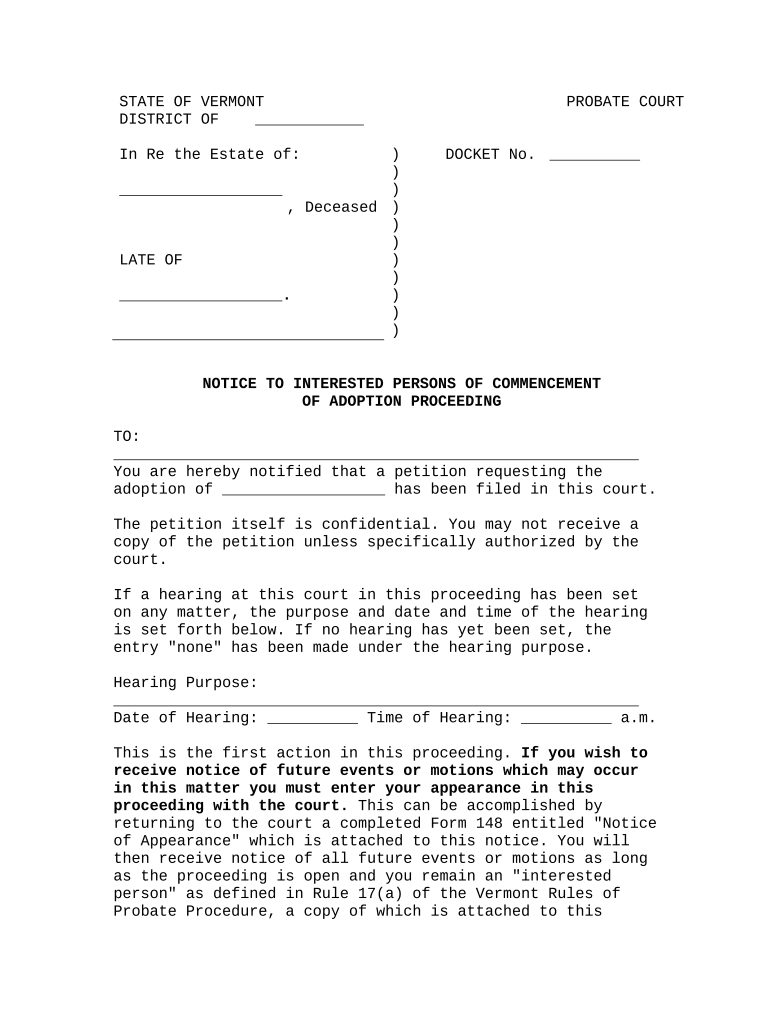 Notice to Interested Persons of Commencement of Adoption Proceeding Vermont  Form