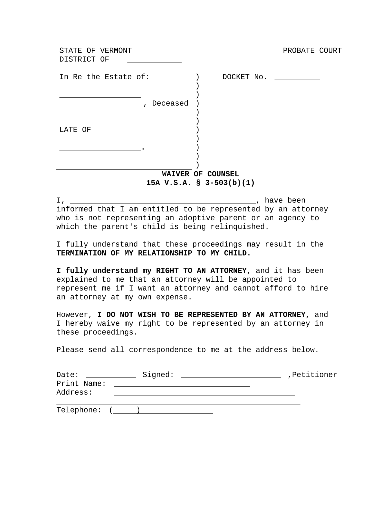Waiver of Counsel Vermont  Form