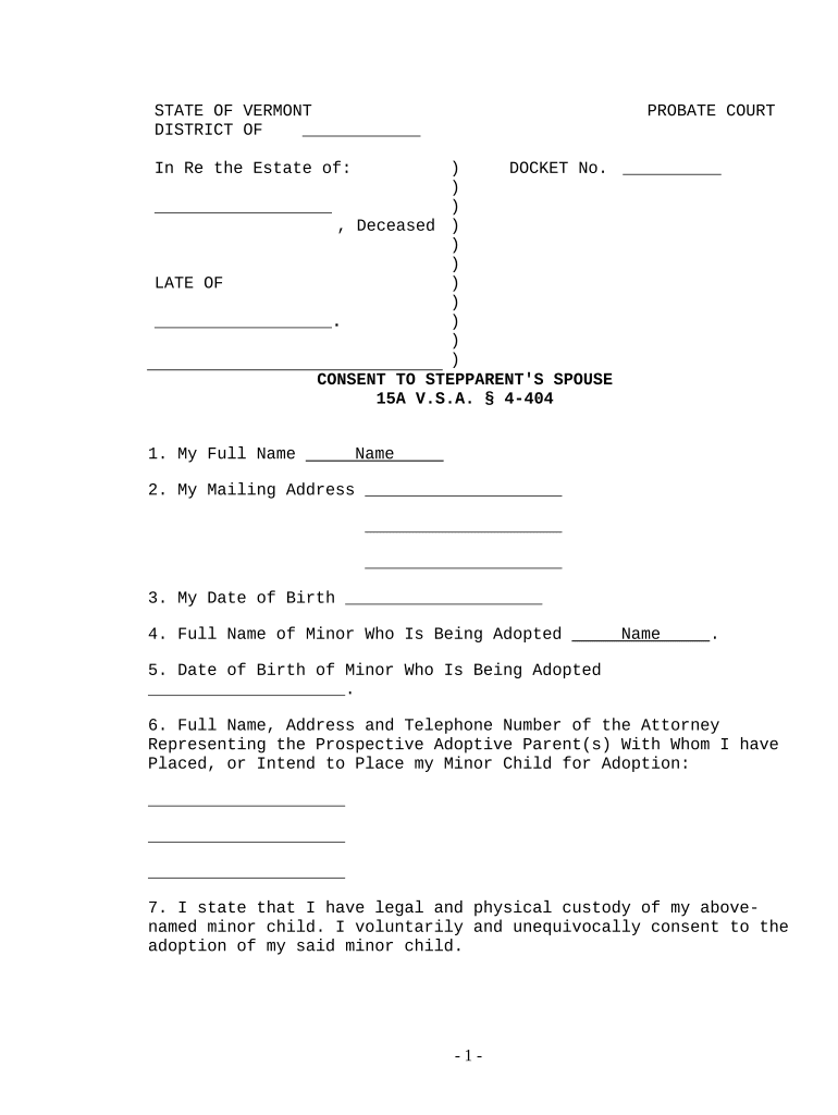 Consent of Stepparent's Spouse Vermont  Form
