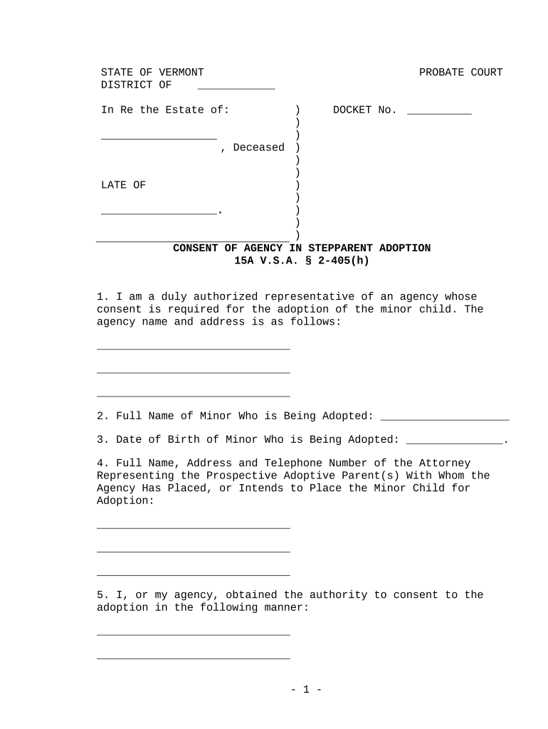 Consent of Agency in Nonstepparent Adoption Vermont  Form