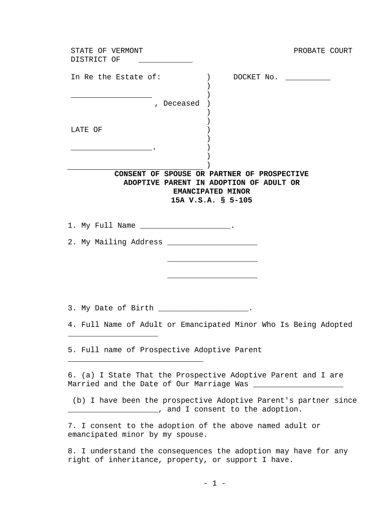 Consent of Spouse of Prospective Adoptive Parent in Adoption of Adult or Emancipated Minor Vermont  Form