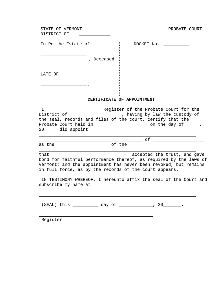 Certificate of Appointment Vermont  Form
