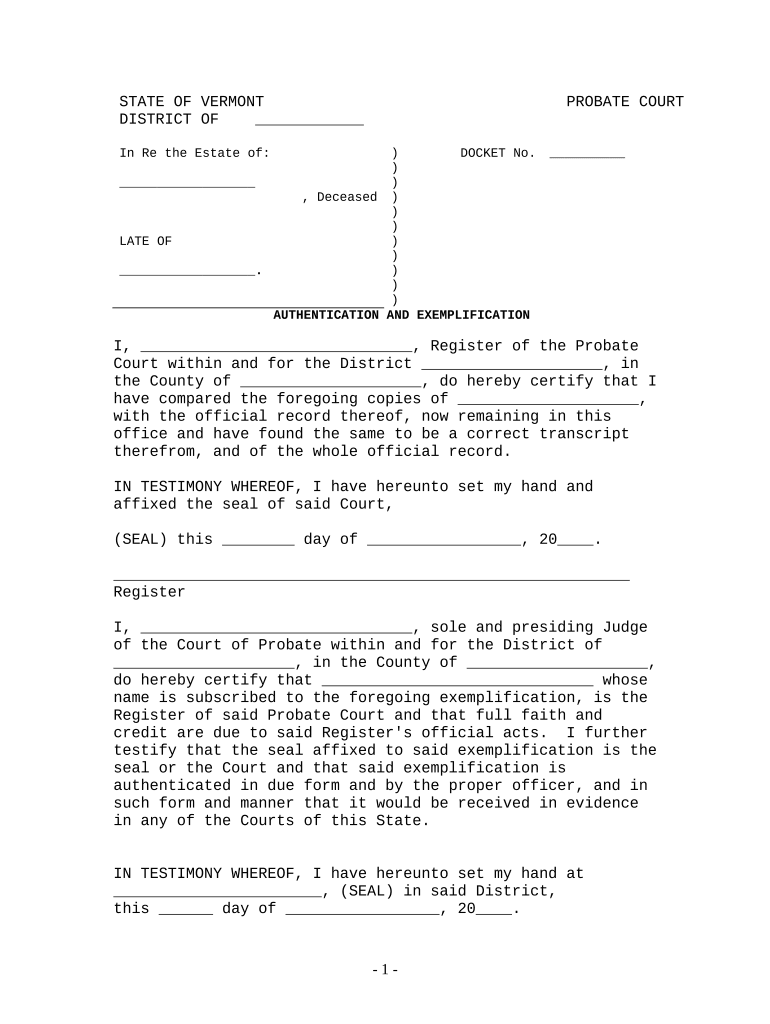 Authentication and Exemplification Vermont  Form