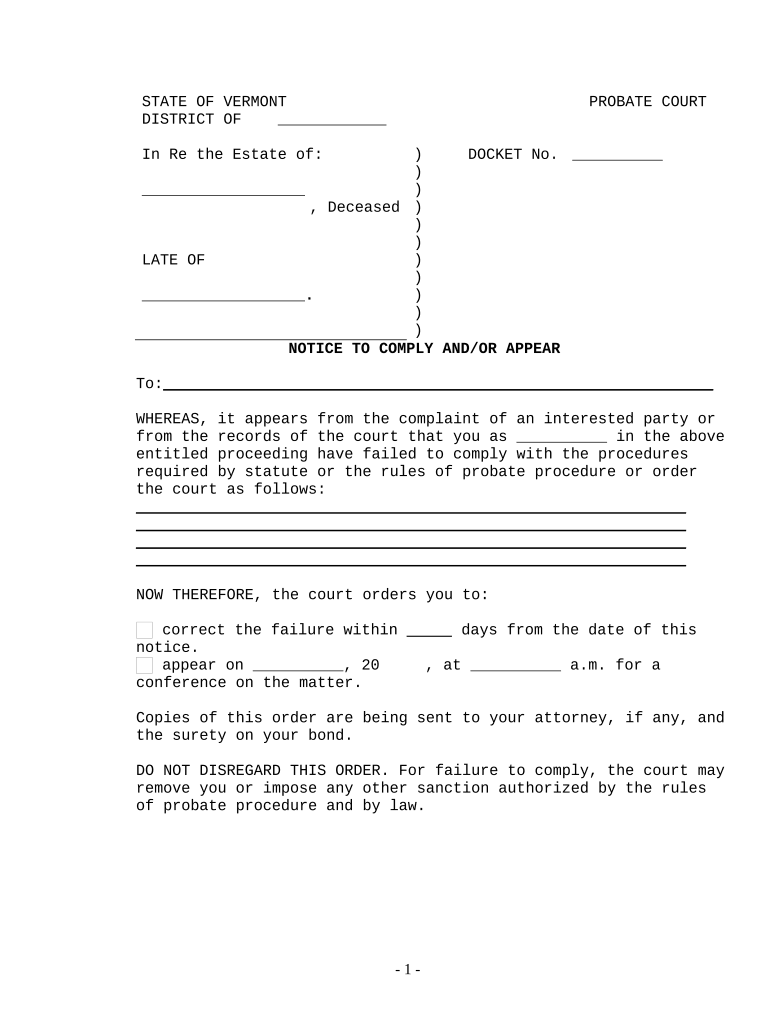 Notice to Comply and or Appear Vermont  Form