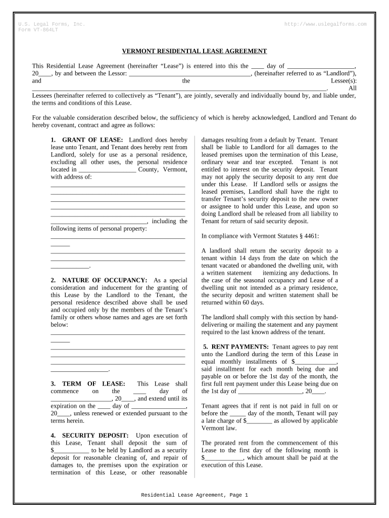 Residential Rental Lease Agreement Vermont  Form