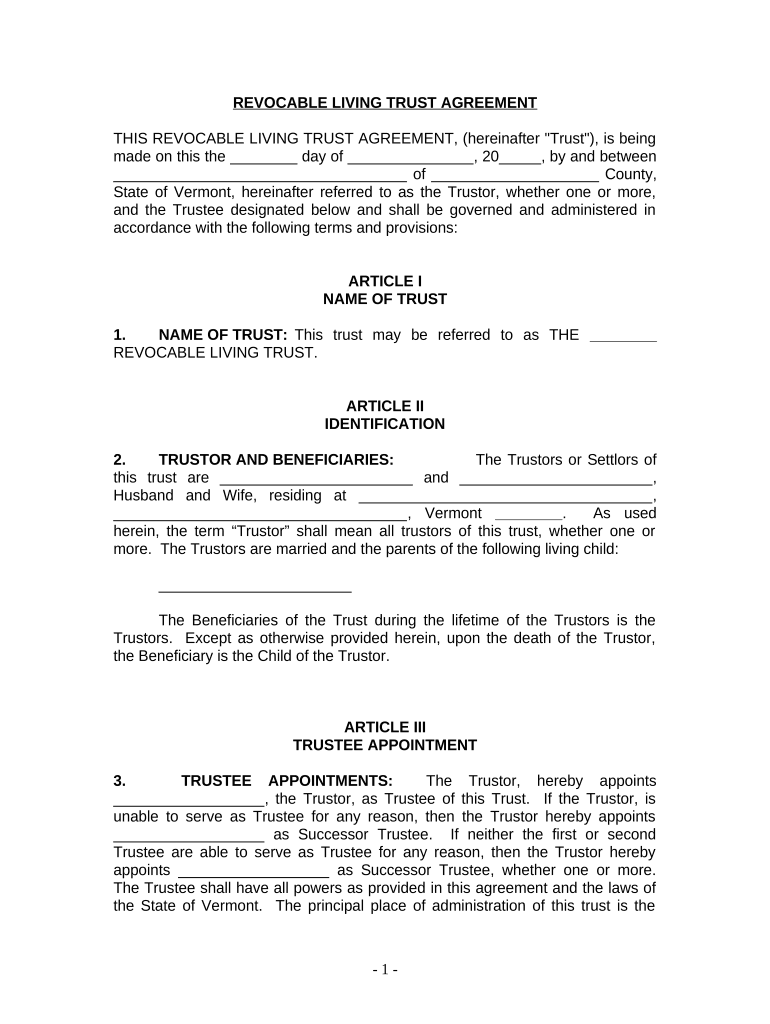 Living Trust for Husband and Wife with One Child Vermont  Form