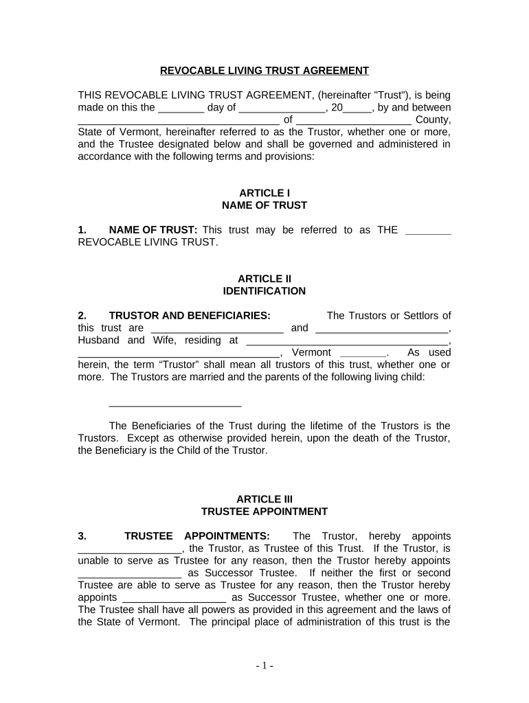 Living Trust for Husband and Wife with One Child Vermont Form