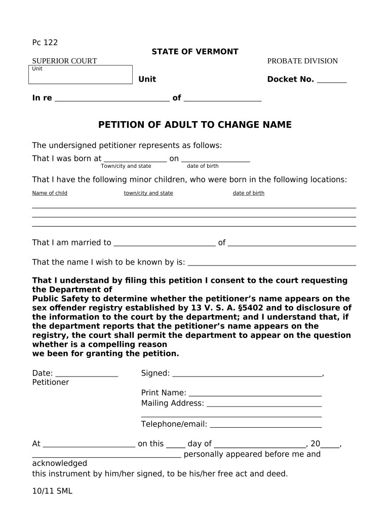 Vermont Change Name  Form