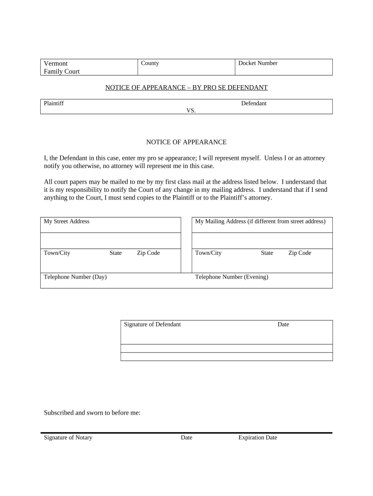 Vermont Notice Appearance  Form