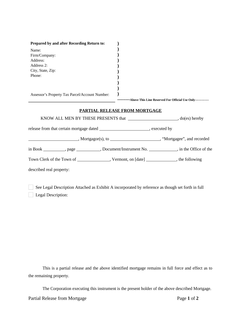 Partial Release of Property from Mortgage for Corporation Vermont  Form