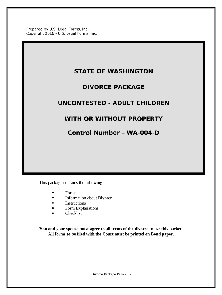 No Fault Uncontested Agreed Divorce Package for Dissolution of Marriage with Adult Children and with or Without Property and Deb  Form