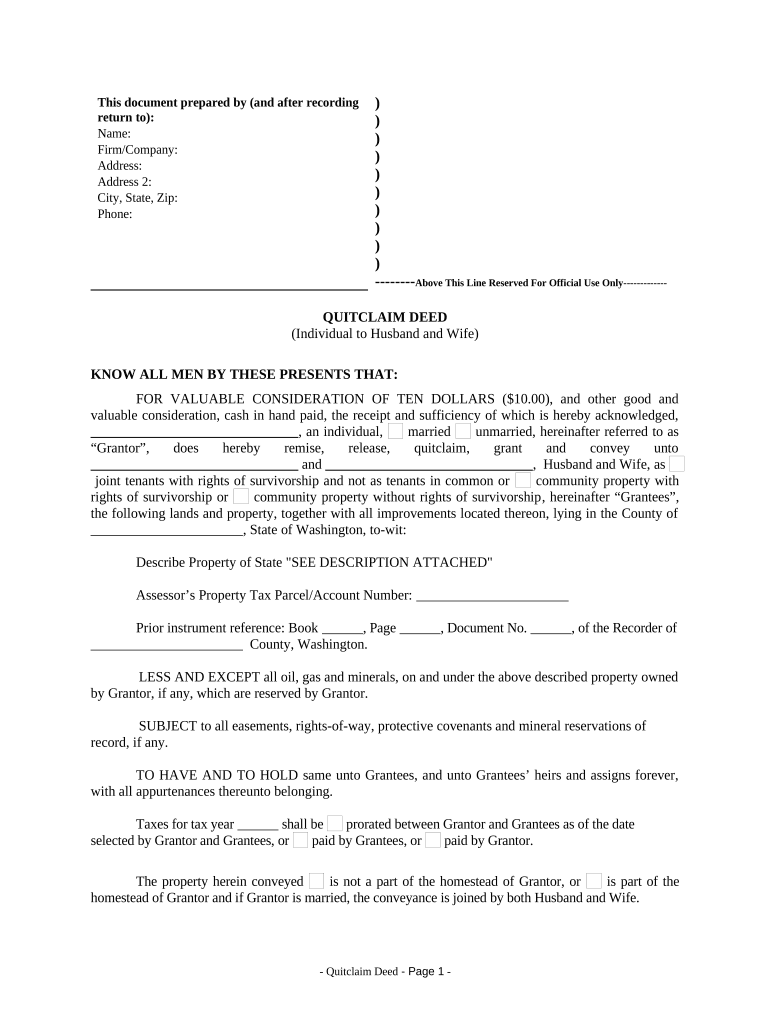 Quitclaim Deed from Individual to Husband and Wife Washington  Form