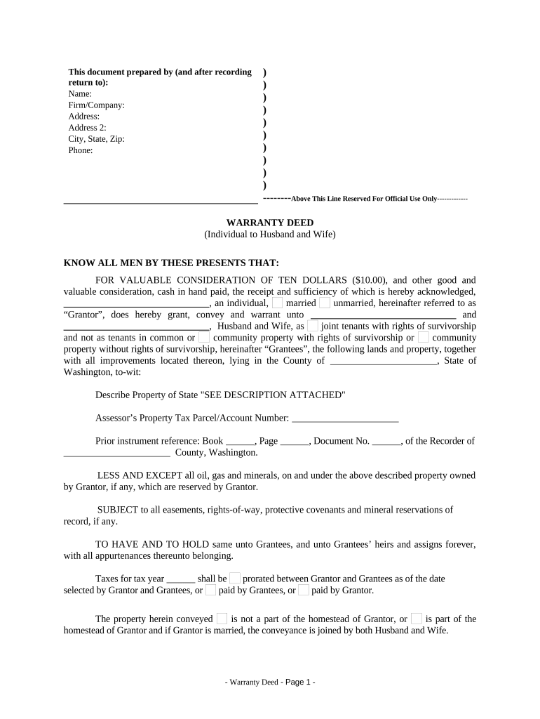 Warranty Deed from Individual to Husband and Wife Washington  Form