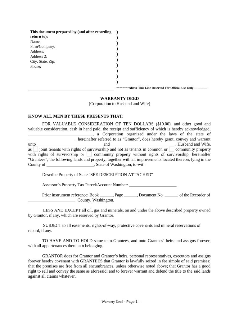 Warranty Deed from Corporation to Husband and Wife Washington  Form