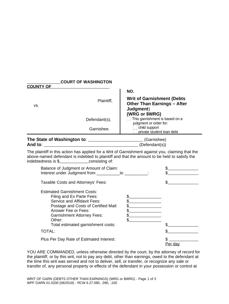 Washington Writ Garnishment  Form