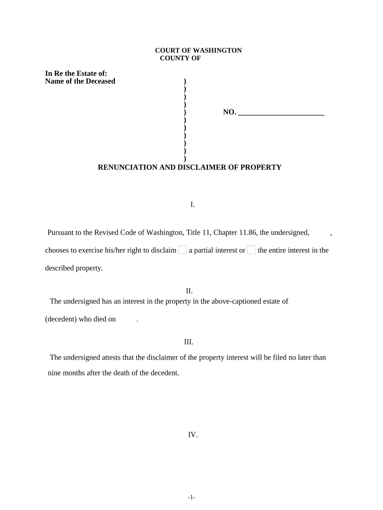 Renunciation and Disclaimer of Property from Will by Testate Washington  Form