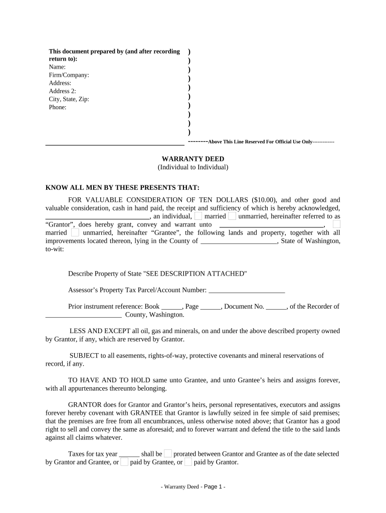 Warranty Deed from Individual to Individual Washington  Form