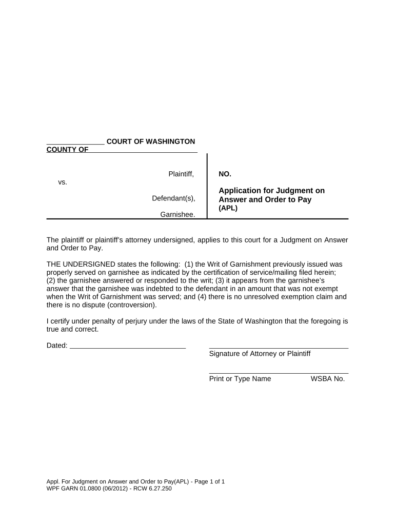 Judgment Summary Washington  Form