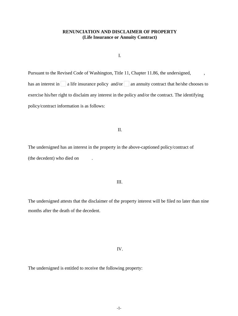 Renunciation and Disclaimer of Property from Life Insurance or Annuity Contract Washington  Form