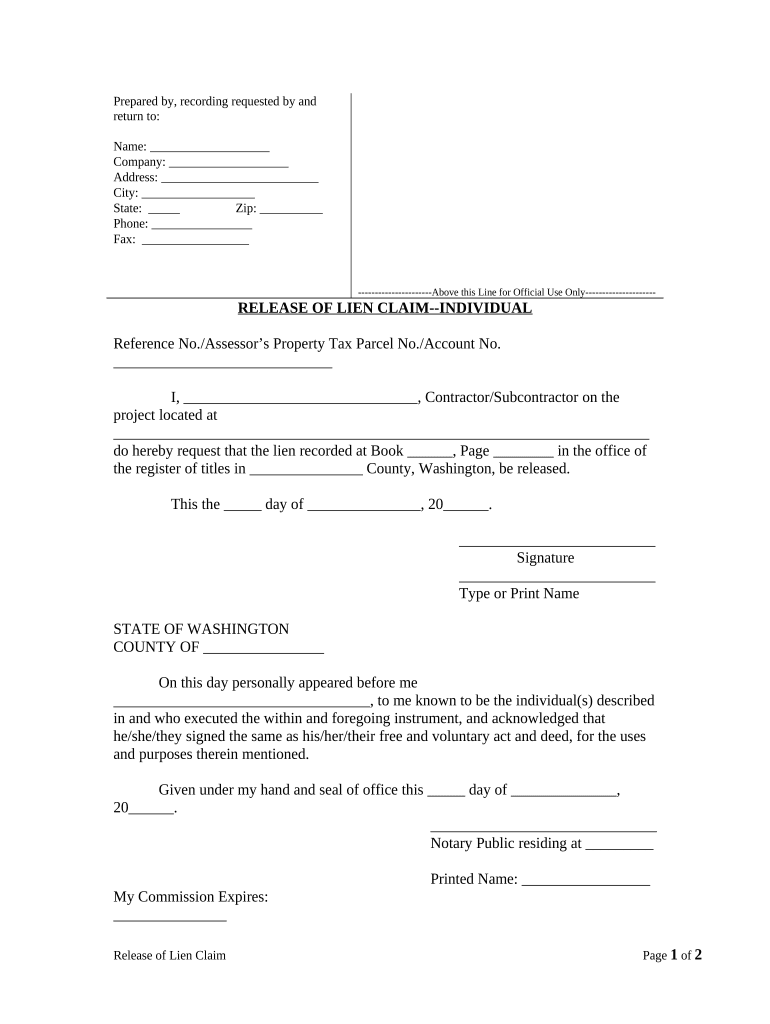 Release of Lien Claim Mechanics Liens Individual Washington  Form