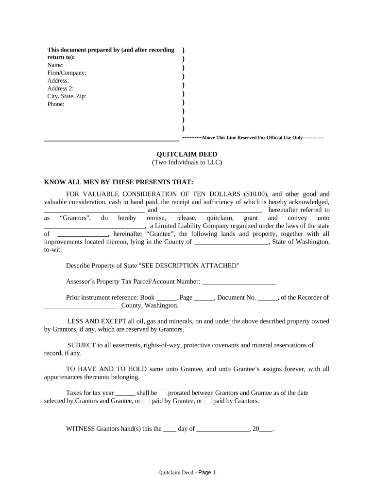 Quitclaim Deed by Two Individuals to LLC Washington  Form