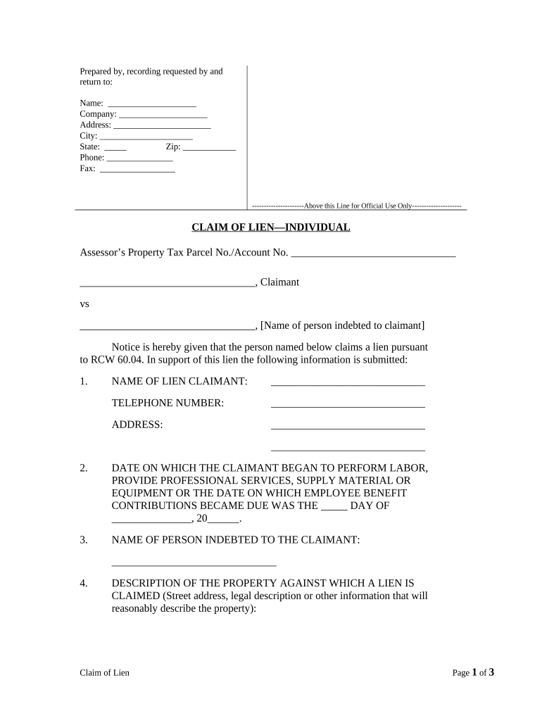 Claim of Lien by Individual Mechanics Liens Washington  Form