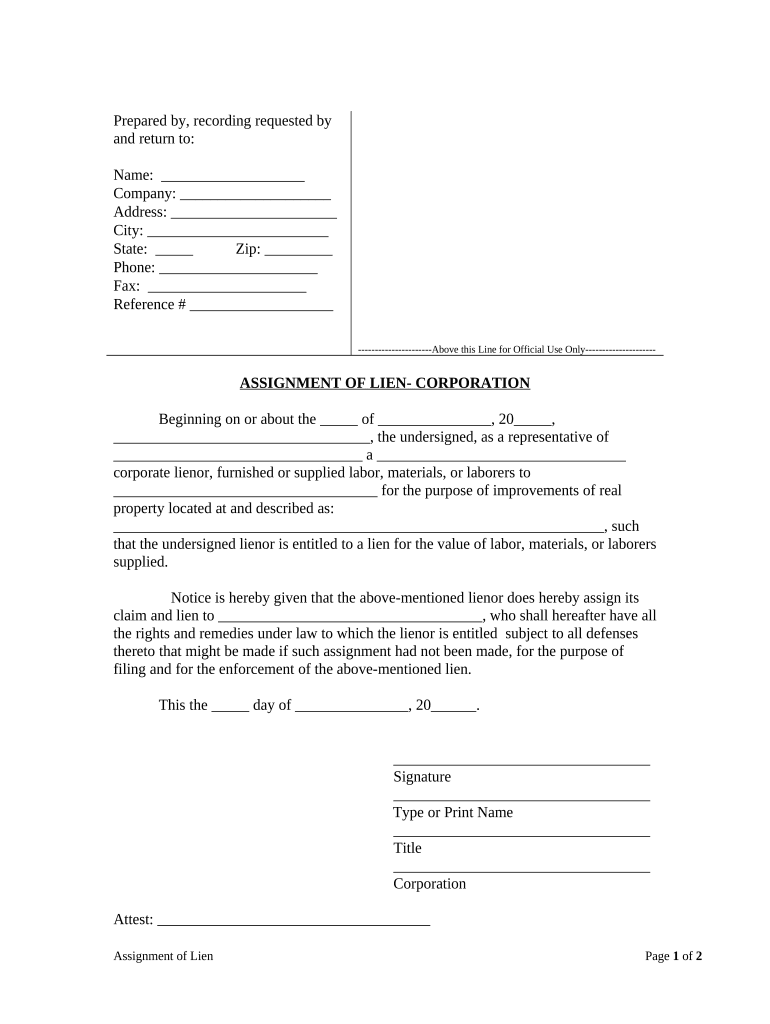Assignment of Lien Corporation Washington  Form