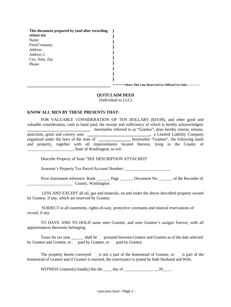 Quitclaim Deed from Individual to LLC Washington  Form