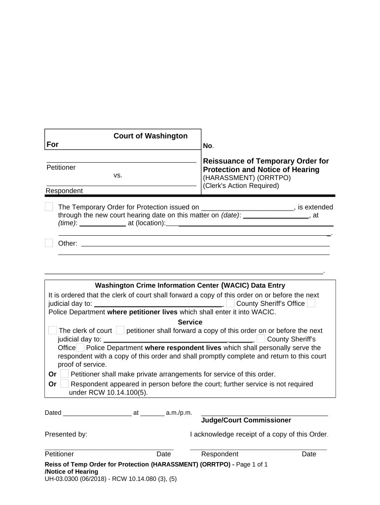 WPF UH 03 0300 Reissuance of Temporary Order for Protection and Notice of Hearing ORRTPO Washington  Form