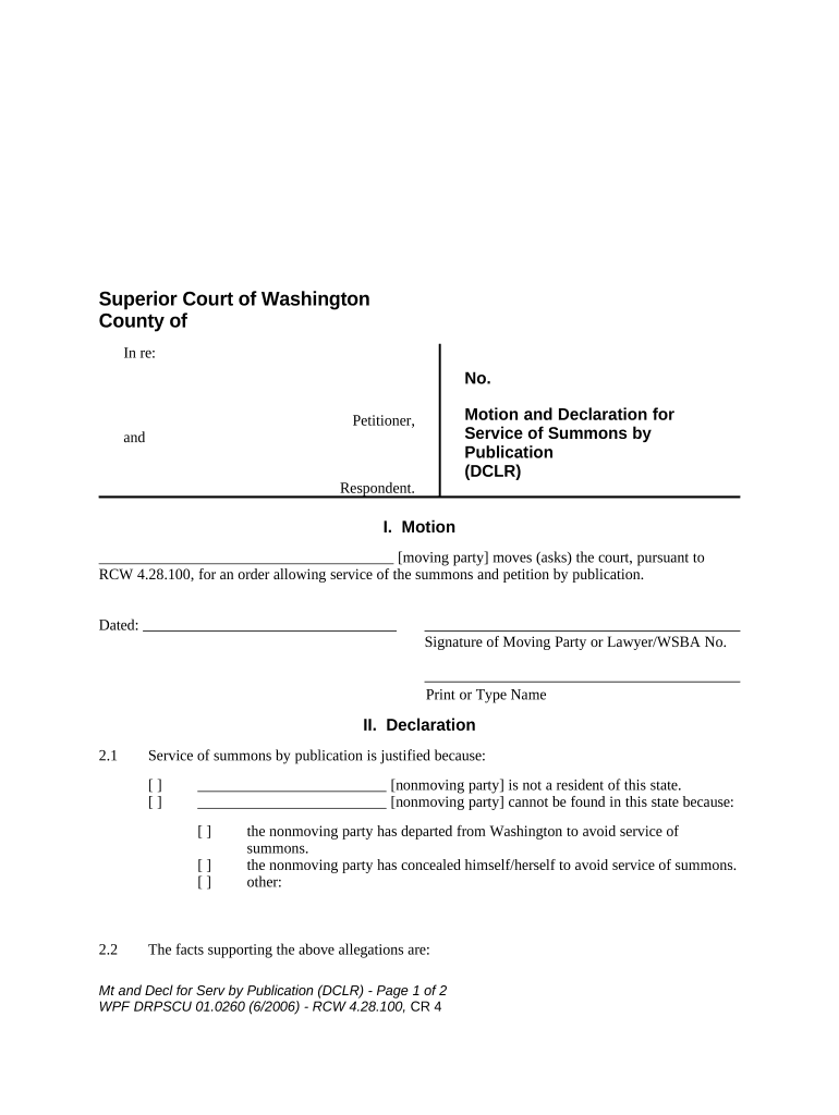 WPF DR 01 0260 Motion and Declaration for Service by Publication DCLR Washington  Form