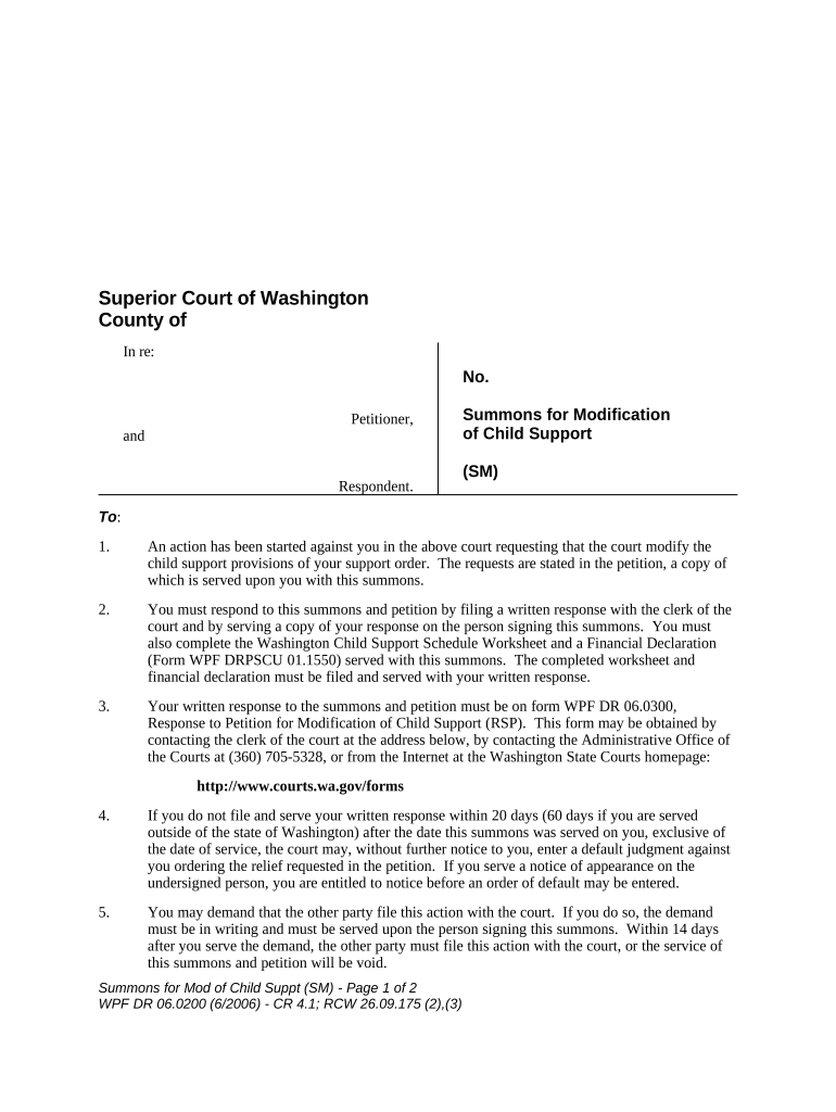 WPF DR 06 0200 Summons for Modification of Child Support SM Washington  Form