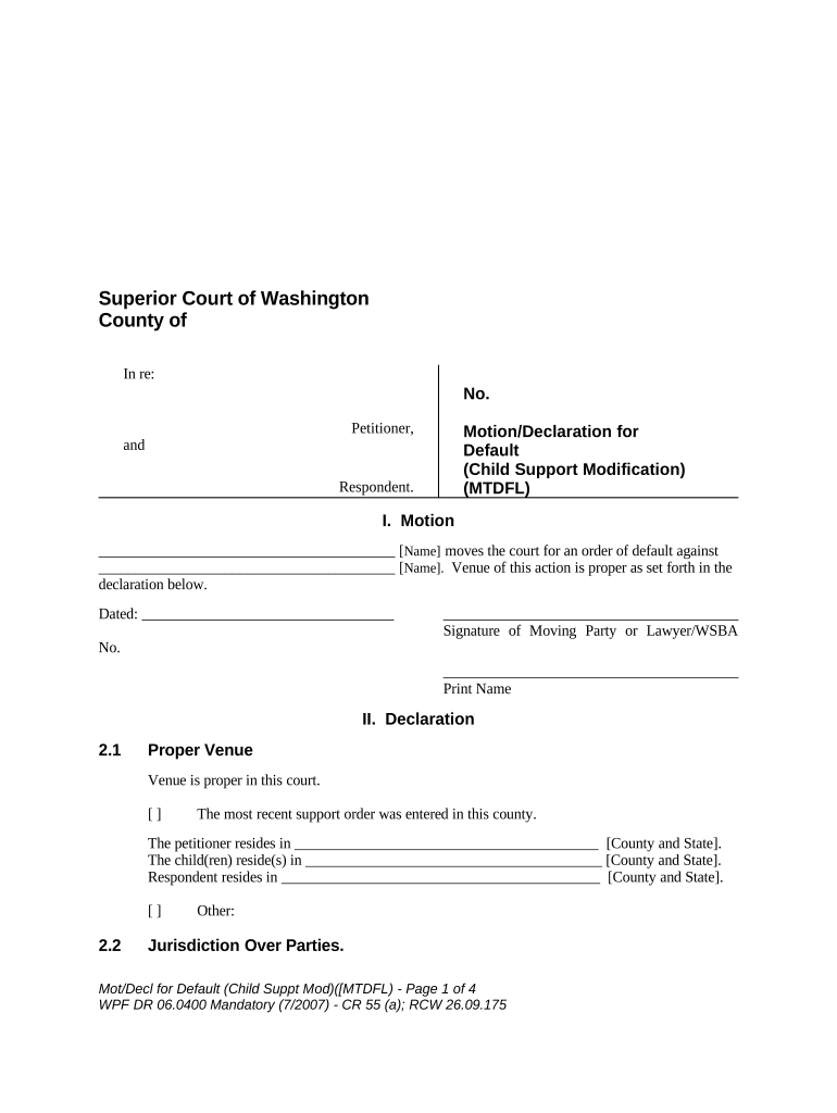 WPF DR 06 0400 Motion Declaration for Default Child Support Modification MTDFL Washington  Form