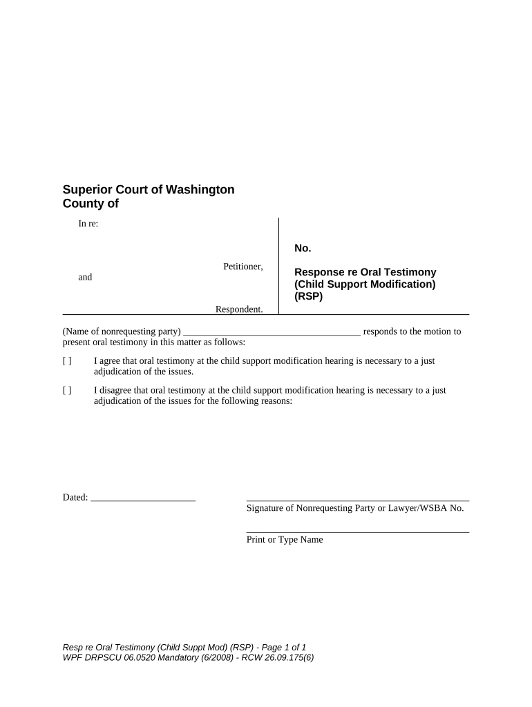 WPF DR 06 0520 Response Regarding Oral Testimony Child Support Modification RSP Washington  Form