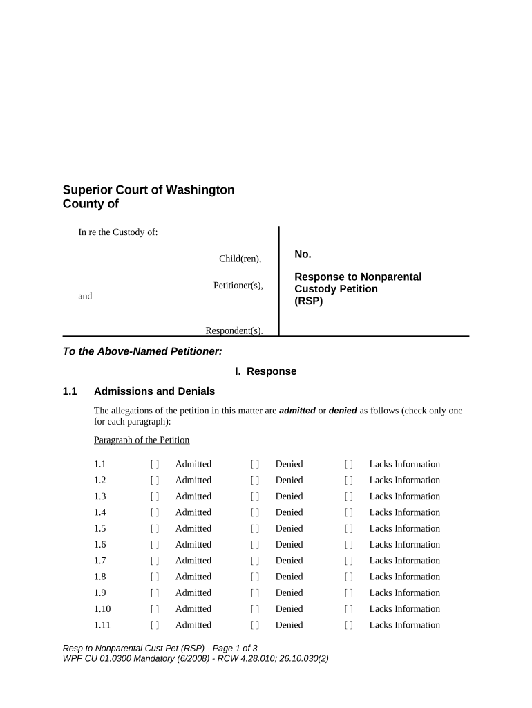 WPF CU 01 0300 Response to Nonparental Custody Petition RSP Washington  Form