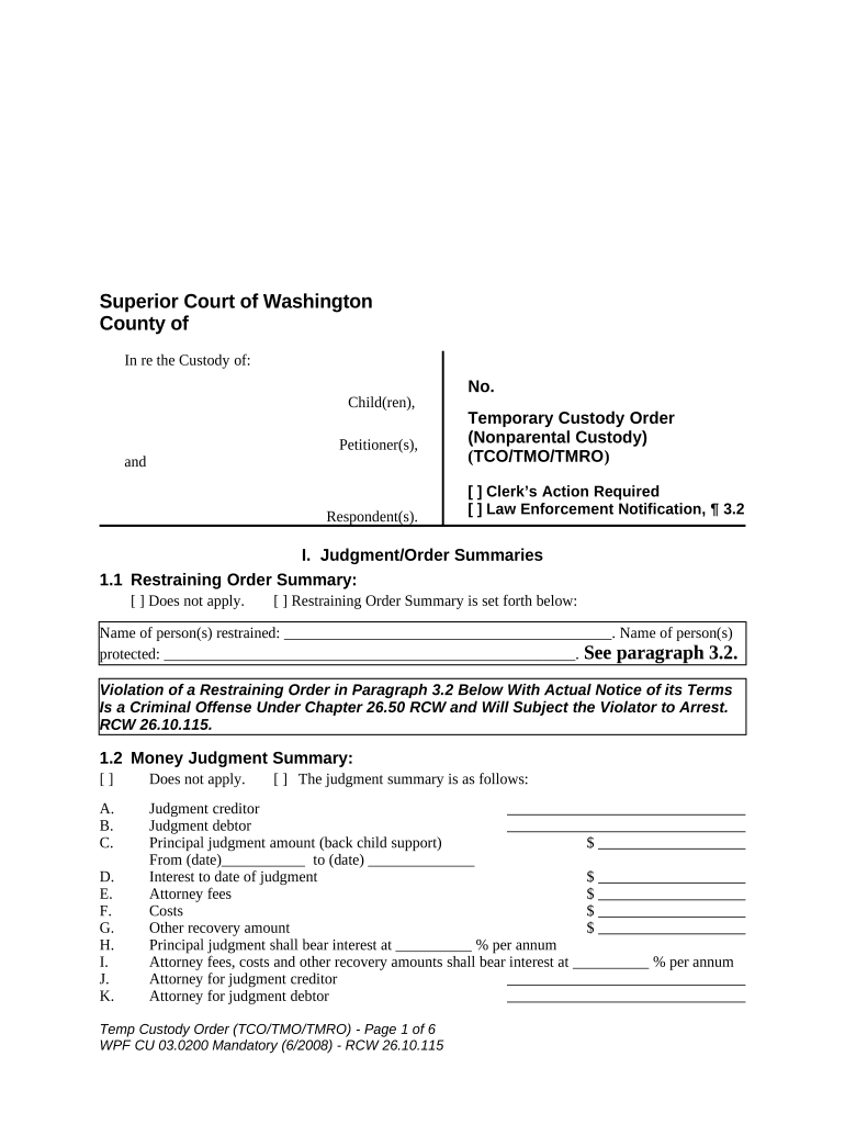 WPF CU 03 0200 Temporary Custody Order Nonparental Custody TMO Washington  Form