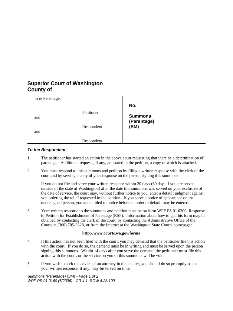 WPF PS 01 0160 Summons Parentage SM Washington  Form