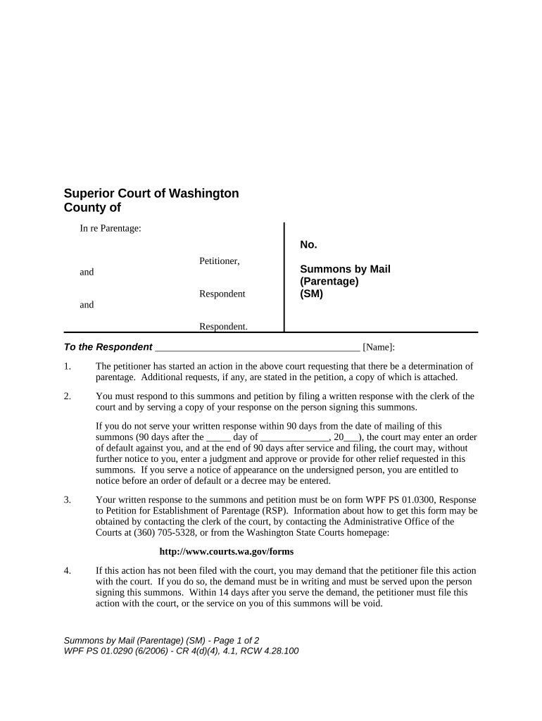 WPF PS 01 0290 Summons by Mail Parentage SM Washington  Form