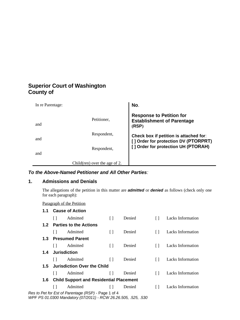 WPF PS 01 0300 Response to Petition for Establishment of Parentage RSP Washington  Form