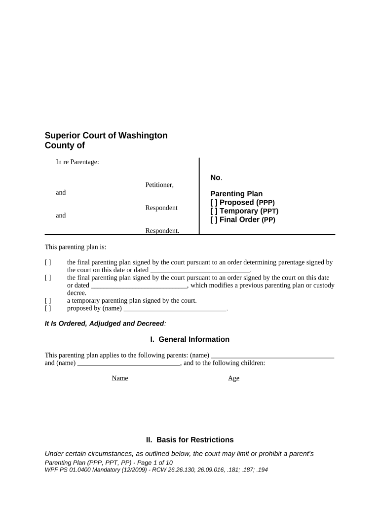 WPF PS 01 0400 Parenting Plan Proposed PP, Temporary PPT, Final Order PP Washington  Form