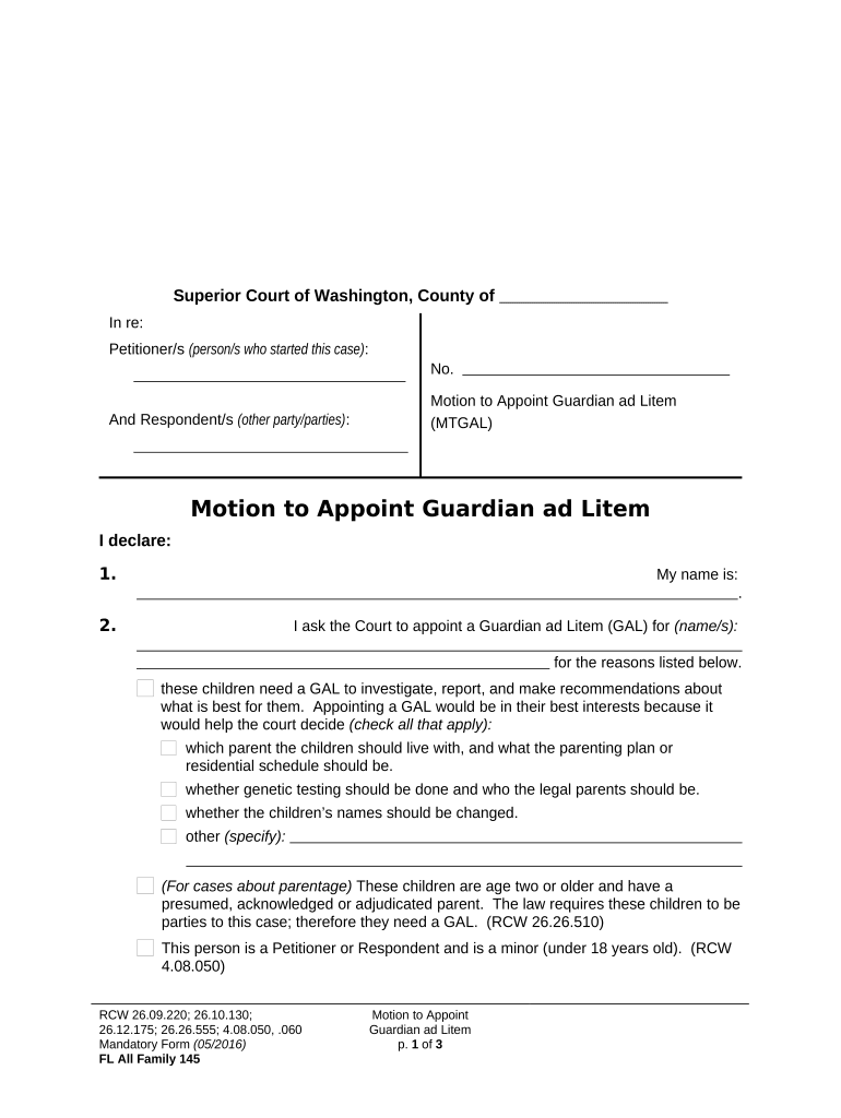 WPF PS 10 0800 Motion and Declaration for Order Appointing Guardian Ad Litem MTAPGL Washington  Form