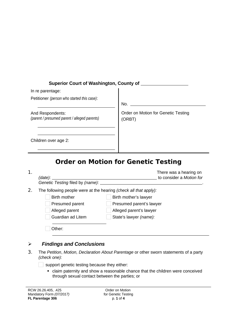 WPF PS 02 0300 Order Requiring Genetic Tests ORBT Washington  Form