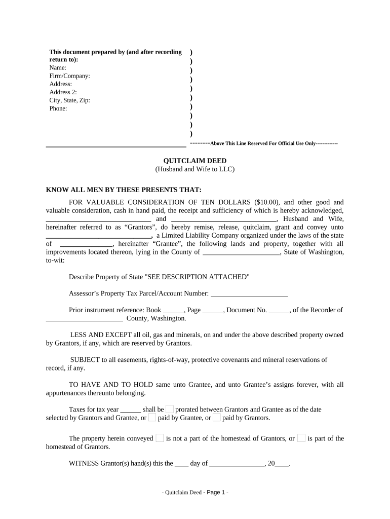 Quitclaim Deed from Husband and Wife to LLC Washington  Form