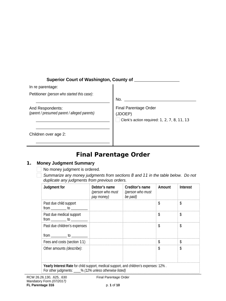 WPF PS 04 0200 Judgment and Order Determining Parentage and Granting Additional Relief JDOEP Washington  Form