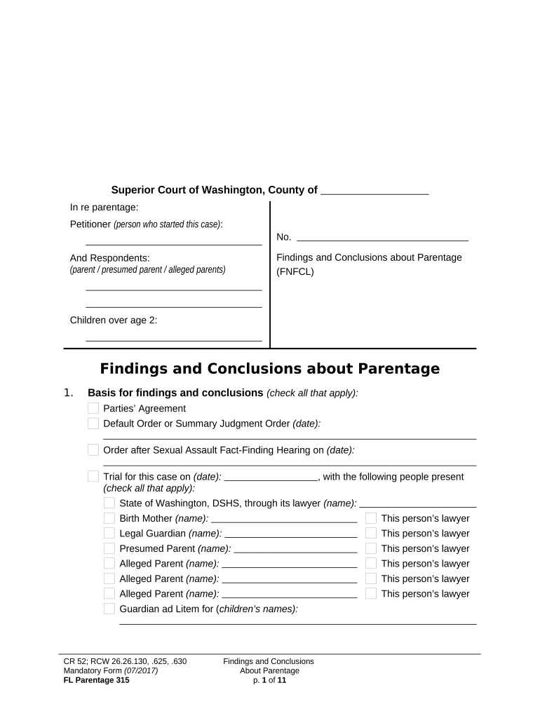 WPF PS 04 0350 Findings of Fact and Conclusions of Law Parentage FNFCL Washington  Form