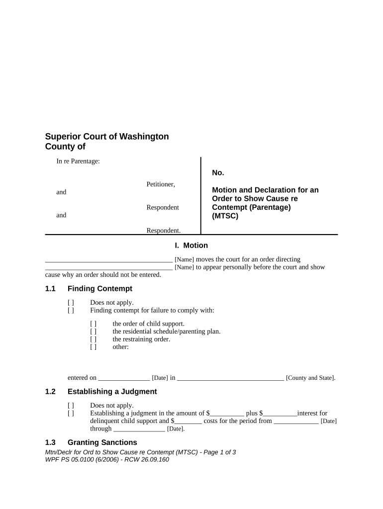 WPF PS 05 0100 Motion Declaration for an Order to Show Cause Regarding Contempt Parentage MTSC Washington  Form